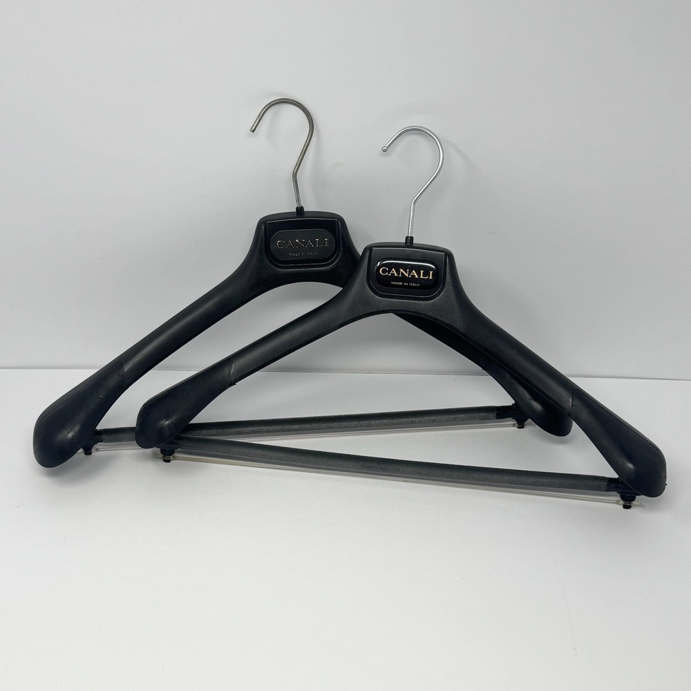 Canali Luxury Suit Hangers Set of 2 Black Italy Wide Shoulder Flocked Bar - Picture 5 of 5